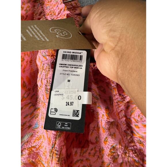 Vero Moda Blouse Women‎ Medium Pink One Shoulder Smocked Vacation Summer - Picture 3 of 8